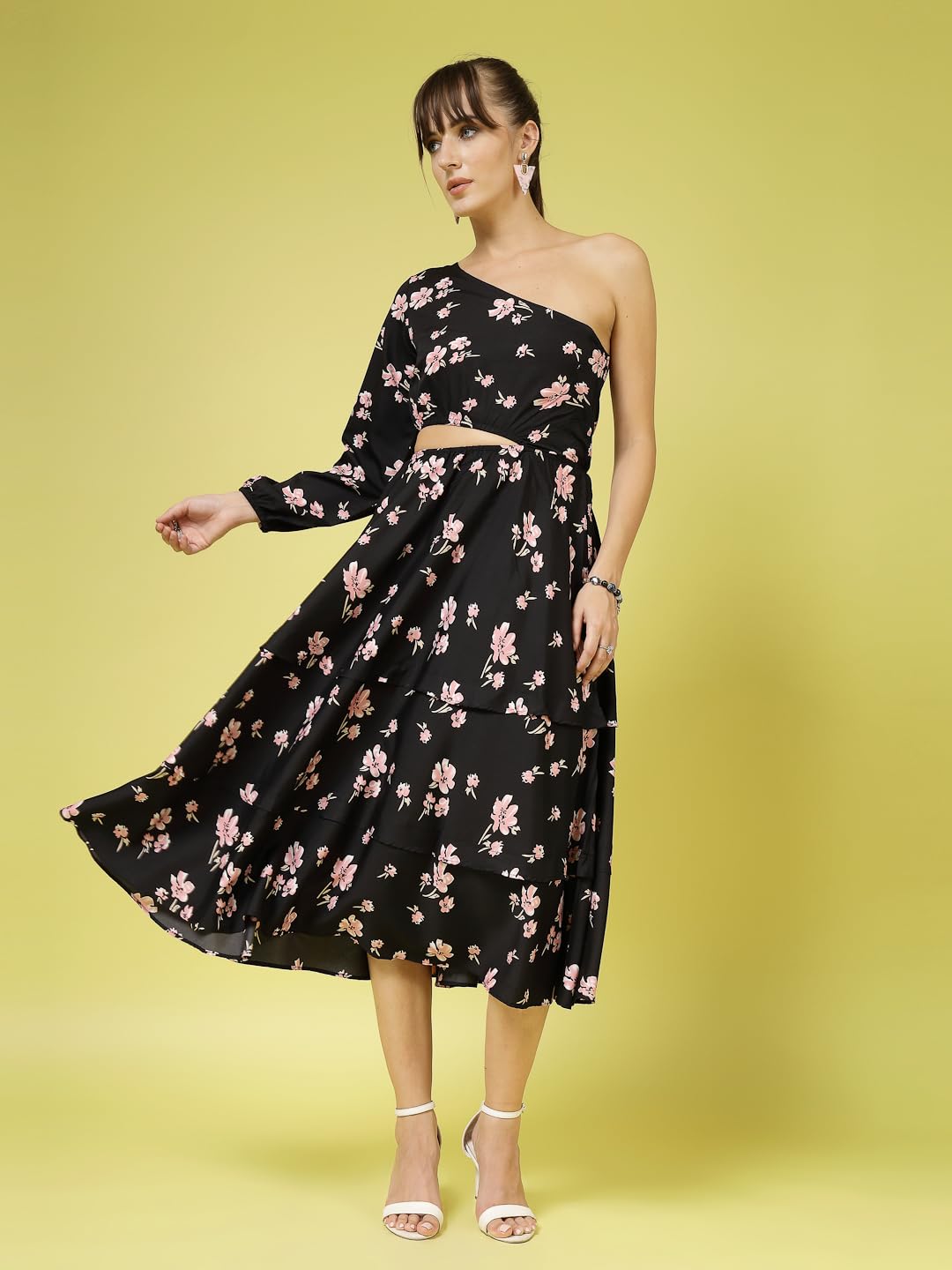 Oomph! WomenS Western & Fusion Wear Printed Crepe Dress For Women, One Shoulder, Black - Md1074