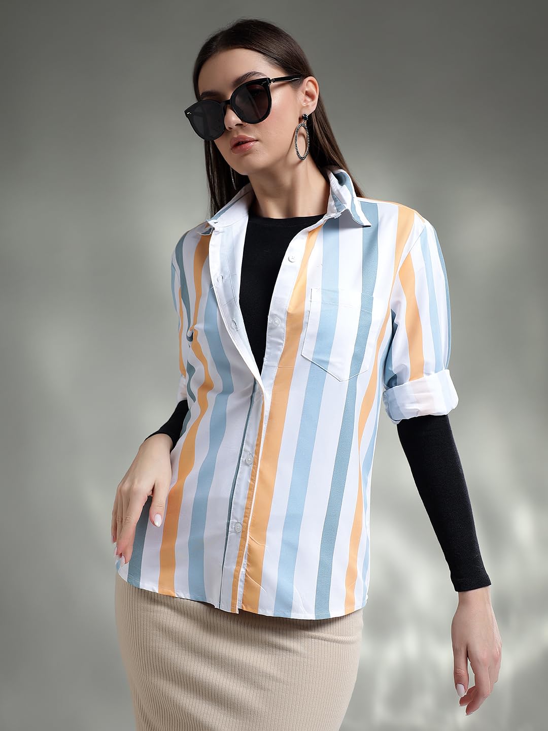 Kotty WomenS Striped Looking Spread Collar Shirts(Multicolor,L)