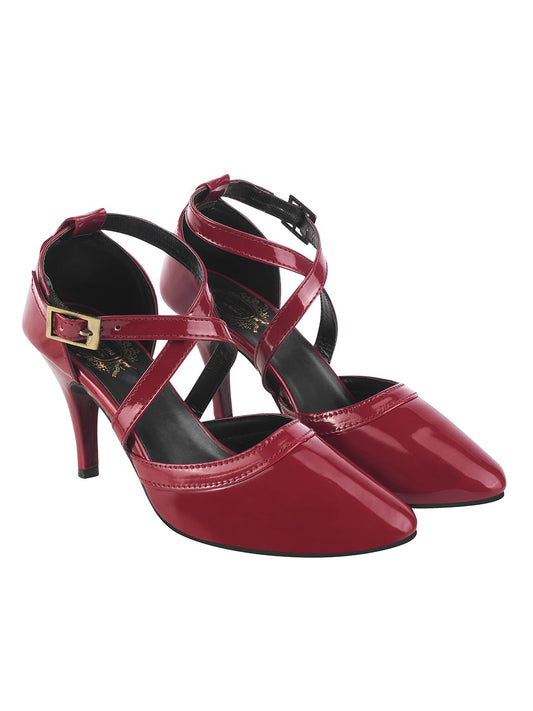 Shoetopia WomenS Cherry Patent Leather Heels || Cross Strap Closed Toe Pumps With Buckle || Stylish High Heel Perfect For Offic