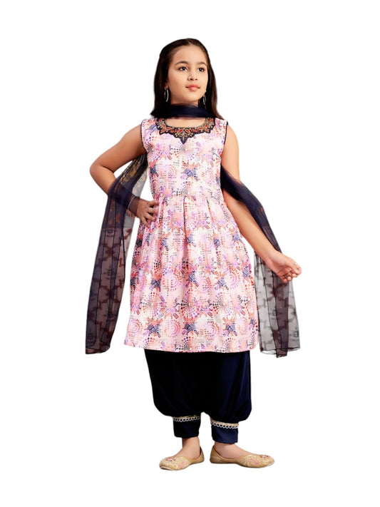 Aarika Girls Ethnic Wear Navy Blue-White Colour Beads Hand Embroidery Cotton Blend Kurti Patiala Set With Dupatta-3-9 Years (Pt-