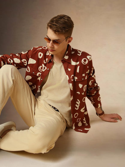 Dennis Lingo Men Rust Abstract Print Relaxed Fit Full Sleeve Spread Collar Shirts
