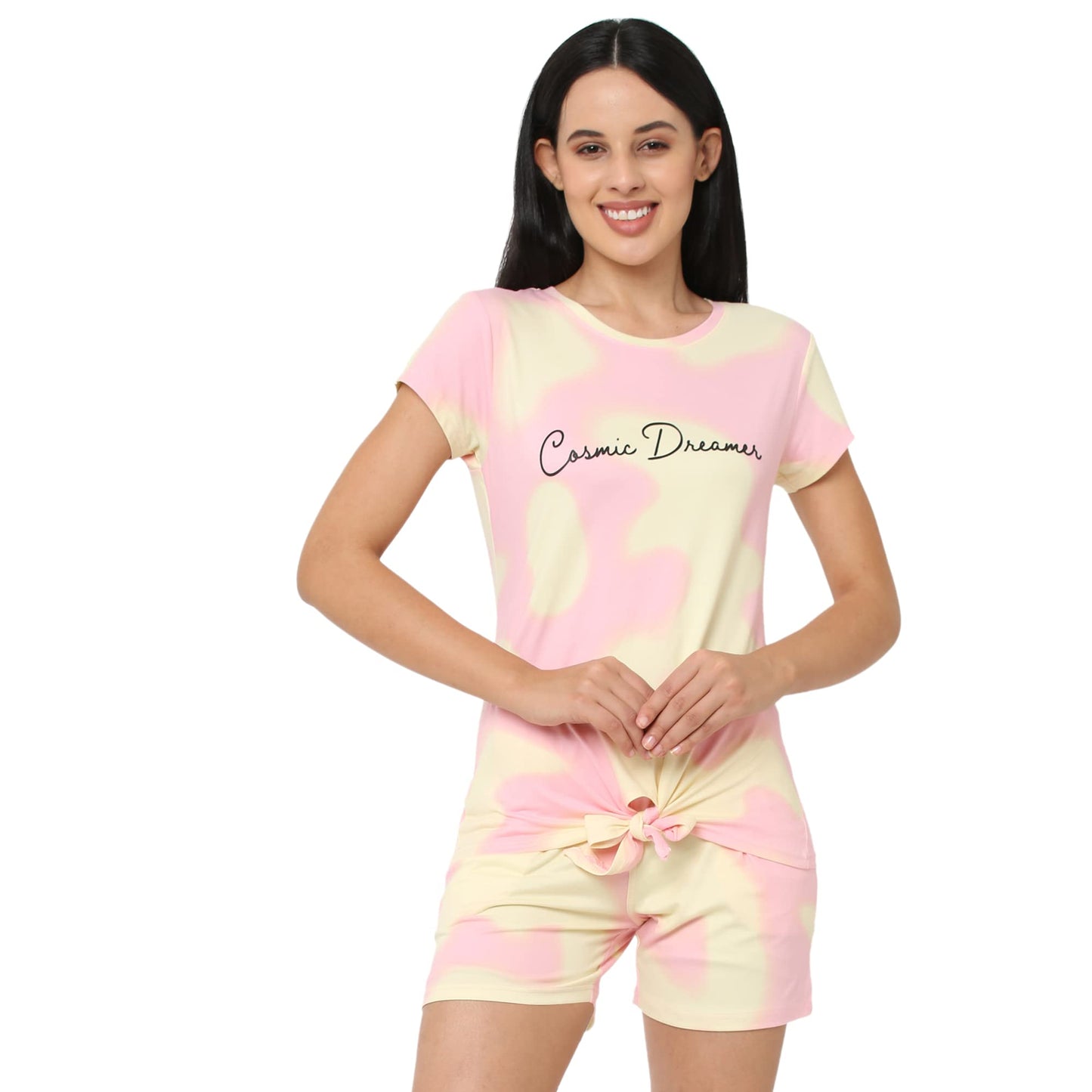 Sweet Dreams Women Tie & Dye Round Neck Half Sleeve Poly Brush Top & Bermuda Set-Yellow