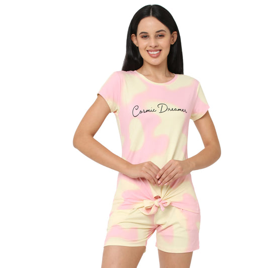 Sweet Dreams Women Tie & Dye Round Neck Half Sleeve Poly Brush Top & Bermuda Set-Yellow