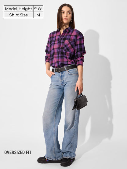 The Souled Store Plaid Shirt: Petunia Women and Girls Long Sleeve Collared Neck Button Down Boyfriend Shirts Womens Boyfriend Sh