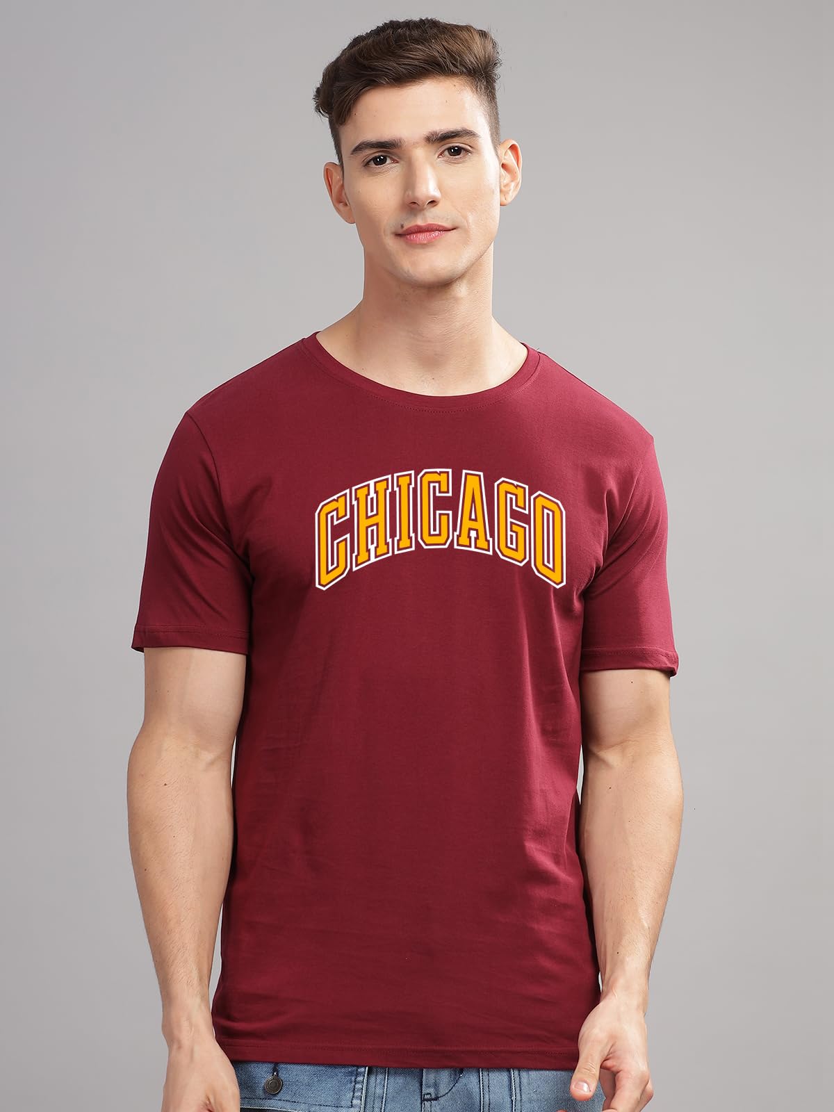 ADRO Mens T Shirt Urban Style Tshirt Printed with Chicago Design Cotton & Eye Catching Print Stylish T-Shirt for Men Maroon Tshi