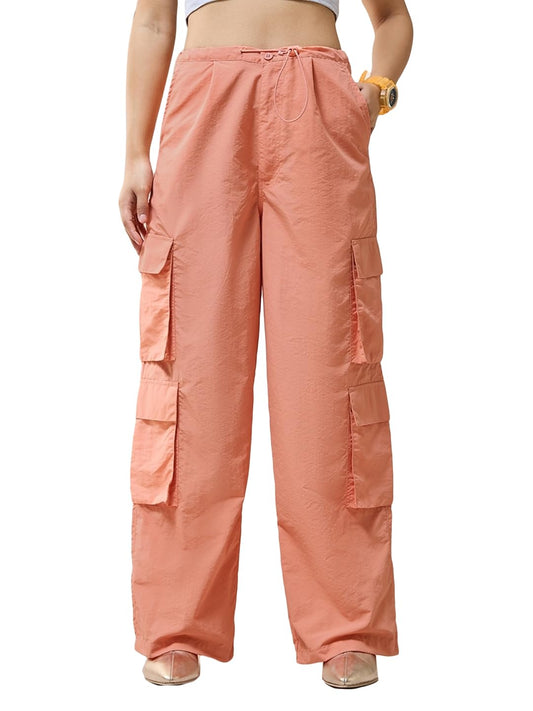 Bewakoof Womens Solid Oversized Fit Nylon Cargo Parachute Casual Pants_628732_Orange_S