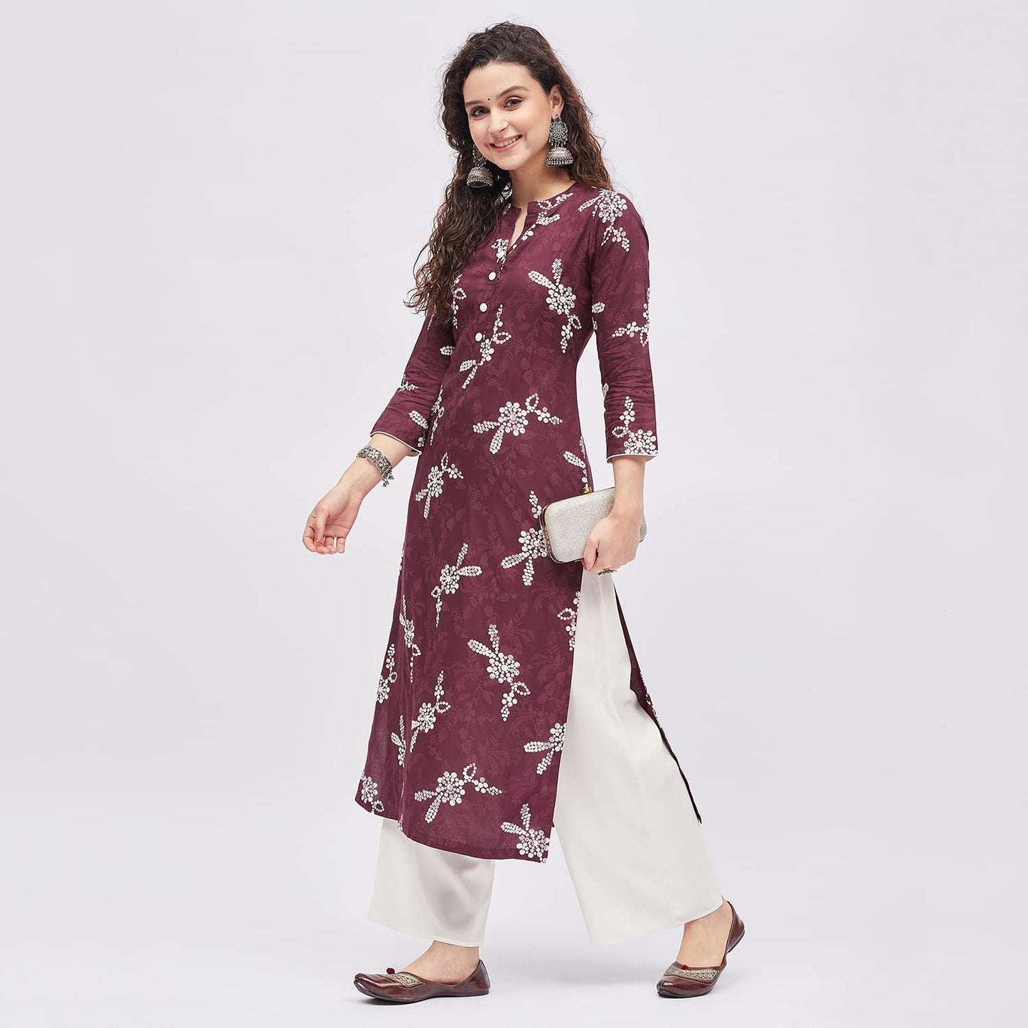 Tissu Women's Rayon Maroon & White Printed Kurta with Palazzo