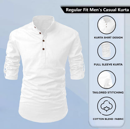 Zombom MenS Solid Cotton Blend Casual Regular Fit Mandarin/Chinese Collor Full Sleeve Kurta Shirt For Men White