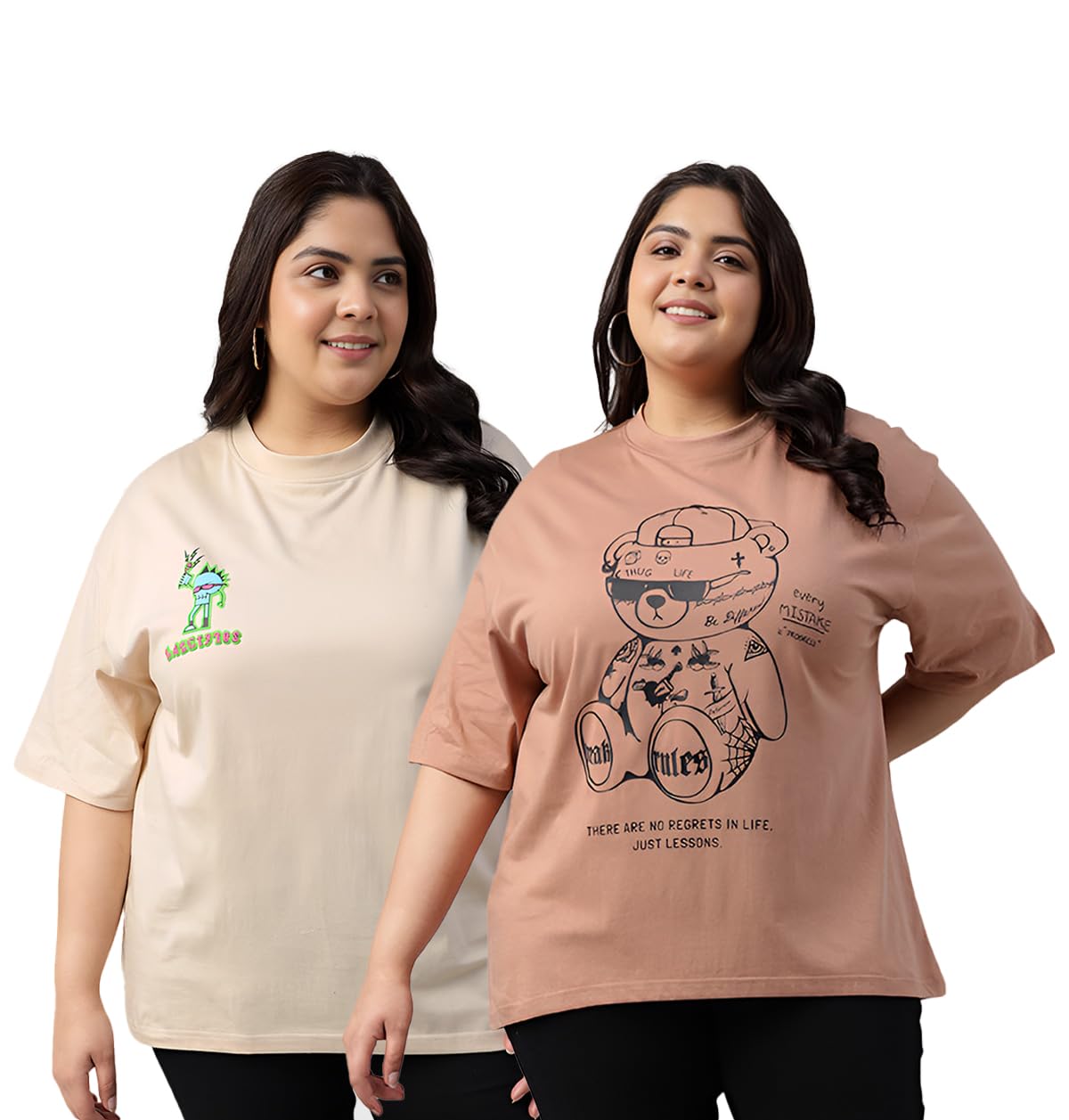 Juneberry 100% Pure Cotton Oversized Loose Baggy Fit Drop Shoulder Graphic Printed Plus Size T-Shirt Combo For Women (Pack Of 2)