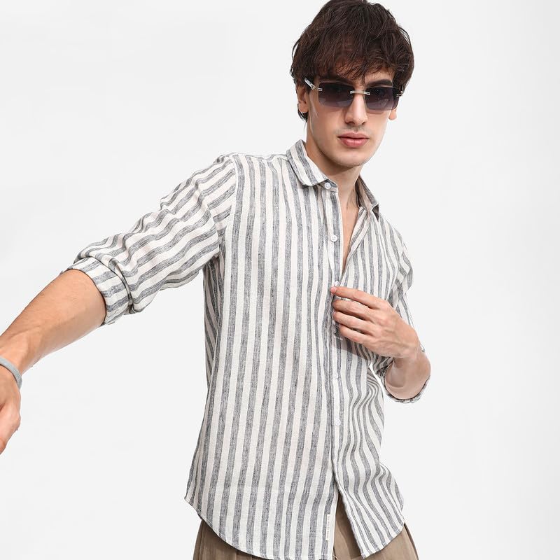 Campus Sutra Mens Charcoal Grey Heathered-Stripe Shirt for Casual Wear | Spread Collar | Long Sleeve | Button Closure | Shirt C