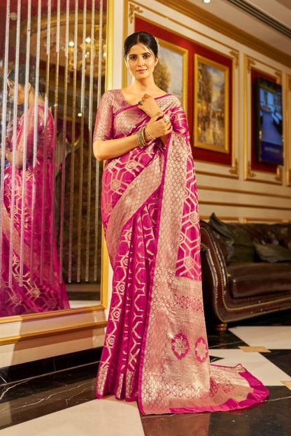 Madhuhansh Womens Organza Plain Saree With Patola Printed Solid Pattern 6 Yard Length And Unstitched Blouse Piece