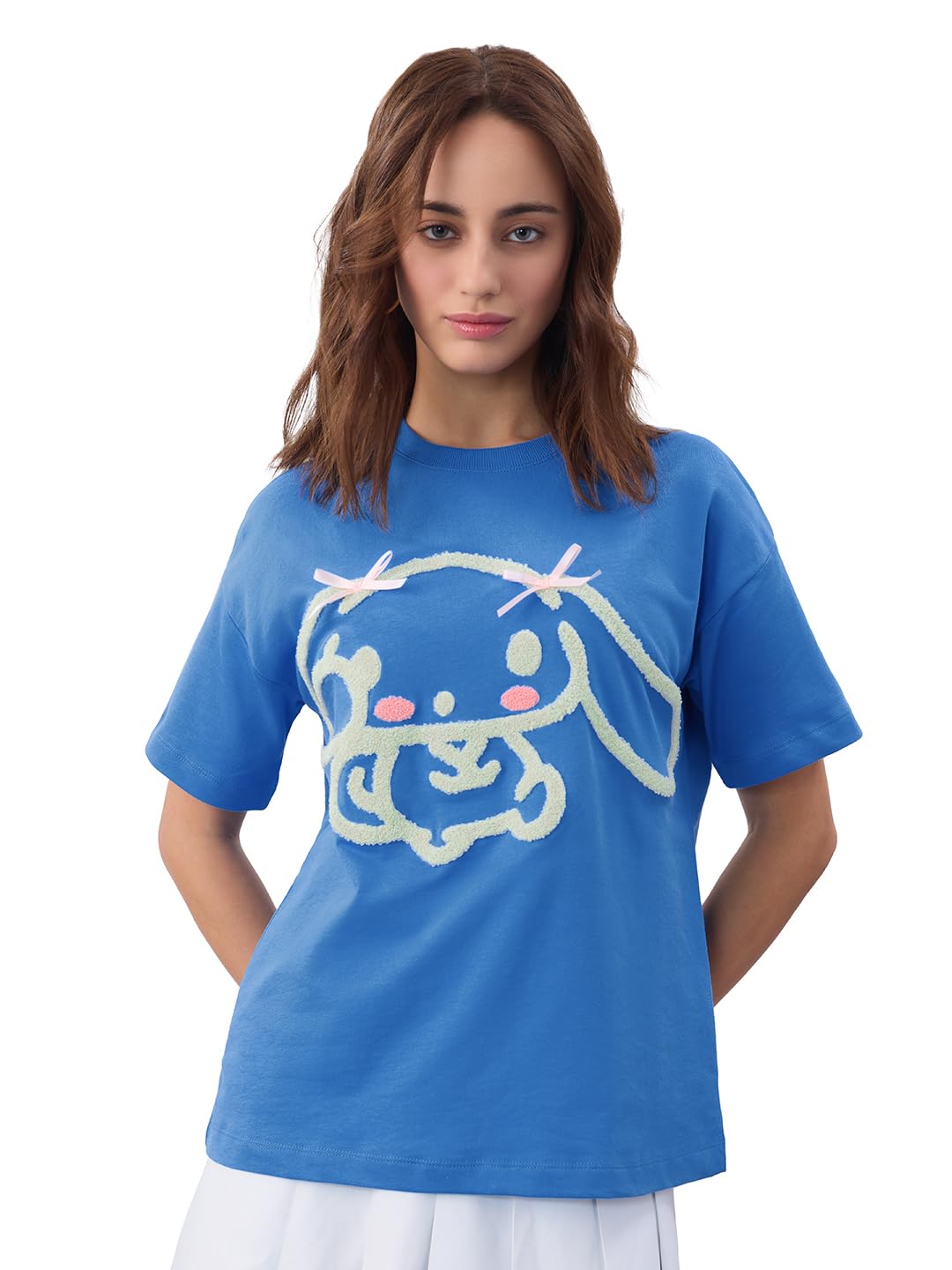 The Souled Store Hello Kitty Cinnamoroll: Women and Girls Short Sleeves Round Neck Blue Cotton Lightweight Streetwear Toweling E