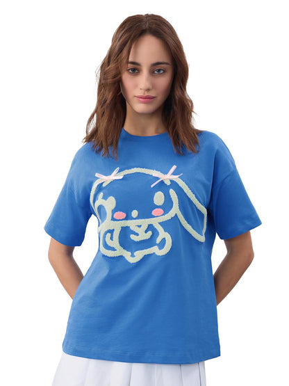 The Souled Store Hello Kitty Cinnamoroll: Women and Girls Short Sleeves Round Neck Blue Cotton Lightweight Streetwear Toweling E