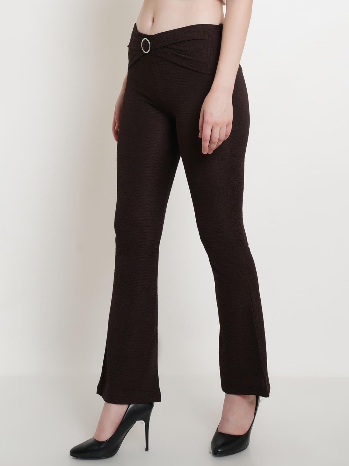 POPWINGS Casual Self Design Crush Bootcut Front Ring Trouser for Women || Pull On Regular Fit Bootcut Women Trouser for Summer |