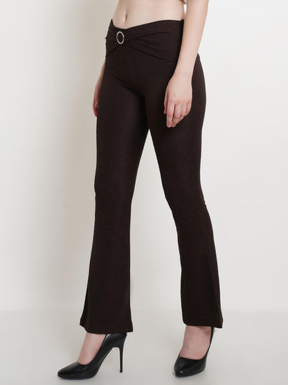 POPWINGS Casual Self Design Crush Bootcut Front Ring Trouser for Women || Pull On Regular Fit Bootcut Women Trouser for Summer |