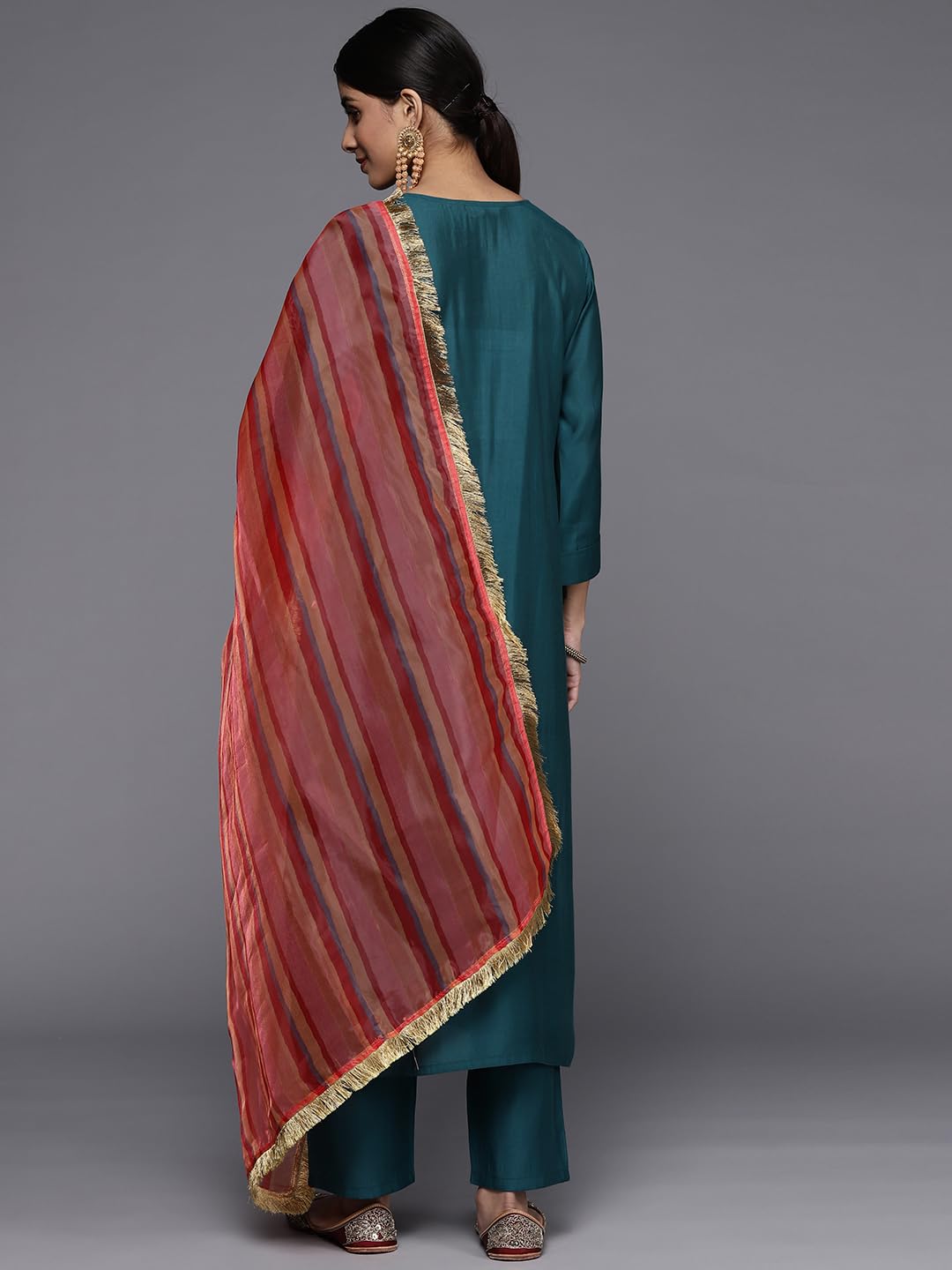 VARANGA teal embroidered kurta paired with straight bottom and digital printed dupatta