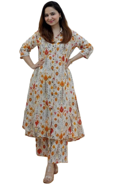 Leriya Fashion Women's Anarkali Rayon Floral Printed Kurta Pant Set | High-Low Hem & 3/4 Sleeves | Ethnic Co-ord for Festive & Casual Wear | Co ord Set For Women Stylish | 2 Piece Dress For Holiday Look & Puja