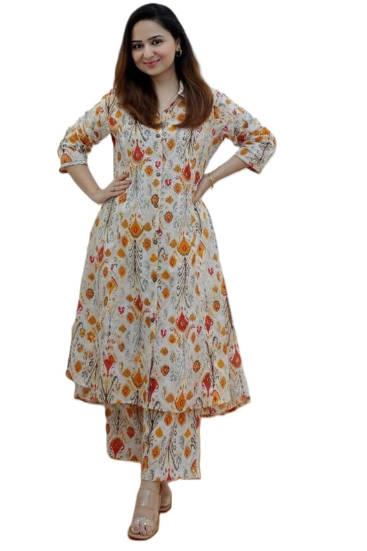 Leriya Fashion Women's Anarkali Rayon Floral Printed Kurta Pant Set | High-Low Hem & 3/4 Sleeves | Ethnic Co-ord for Festive & Casual Wear | Co ord Set For Women Stylish | 2 Piece Dress For Holiday Look & Puja