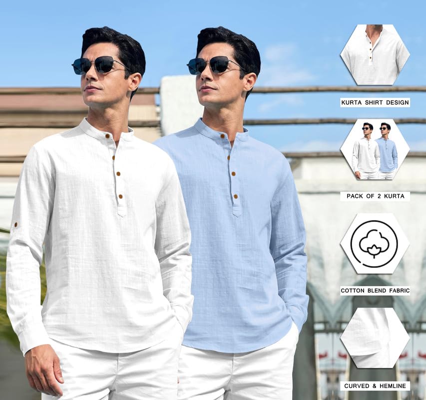 Royalscout Combo Of MenS Solid Cotton Blend Full Sleeve Straight Kurta Shirt (Pack Of 2)