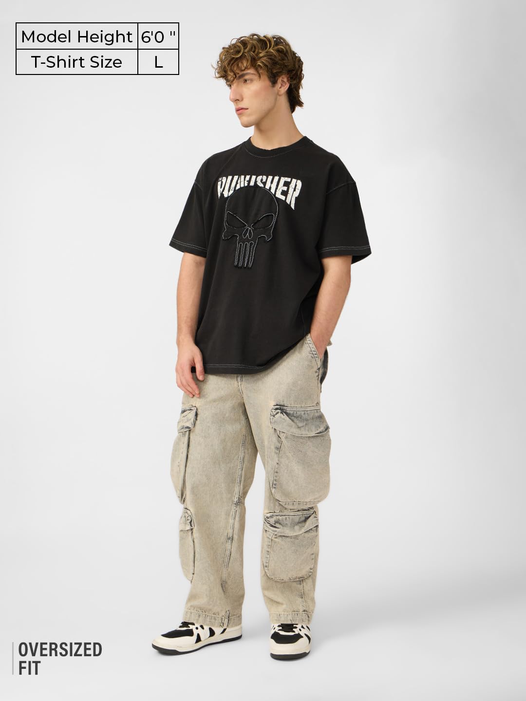 The Souled Store Punisher: Logo Men and Boys Short Sleeves Round Neck Black Printed Cotton Oversized T-Shirts