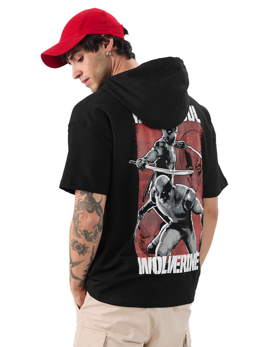 The Souled Store Official Marvel: Deadly Duo Men and Boys Short Sleeves Black Graphic Printed Cotton Oversized Fit Hooded T-Shir