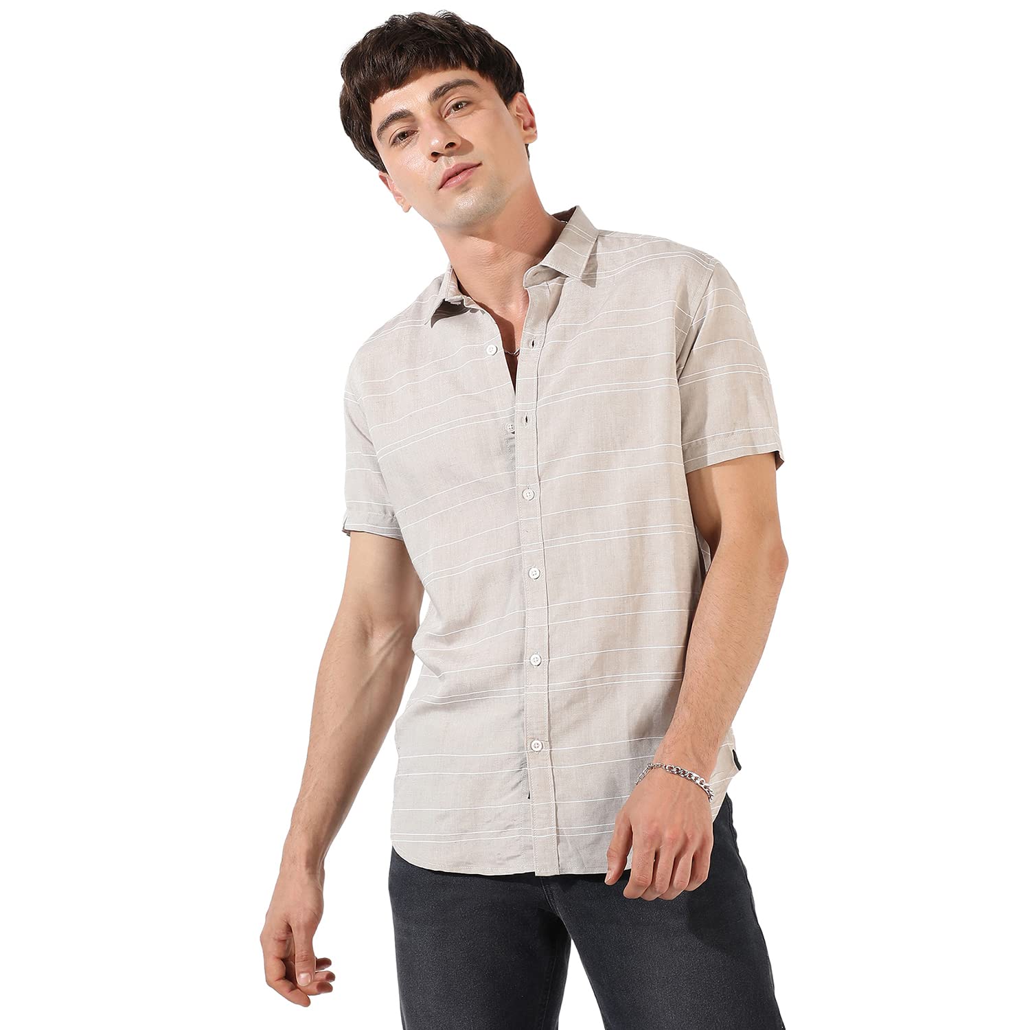 Campus Sutra Mens Light Grey Textured Button Up Spread Collar Shirt for Casual Wear | Regular Fit | Cotton Viscose Shirt Crafte
