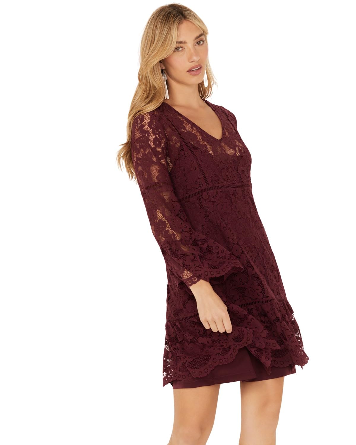 Scully Womens WomenS Lace Crochet Bell Sleeve Dress - HC557-WINE X- US