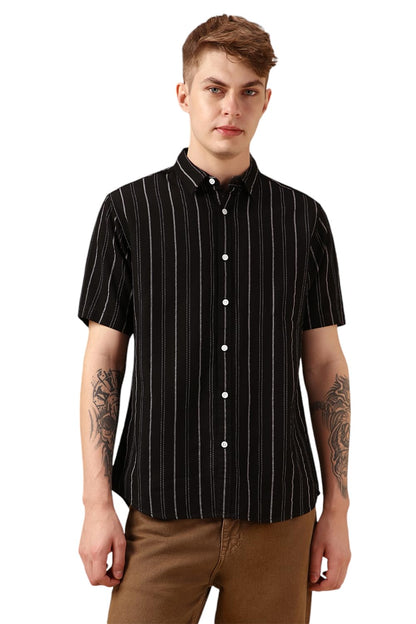 Dennis Lingo Men Black Polycotton Dobby Half Sleeve Spread Collar Stripes Shirts
