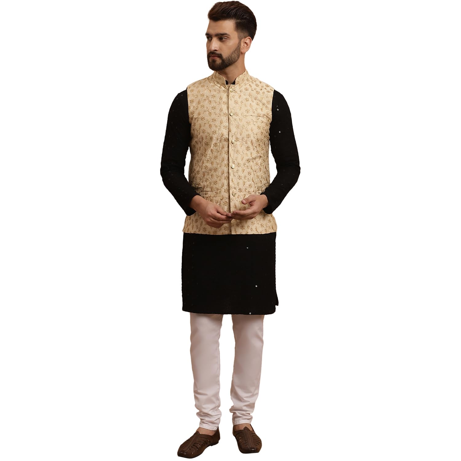 SOJANYA (Since 1958 Men's Cotton Black Kurta and White Pyjama Beige Embroidery Nehru Jacket