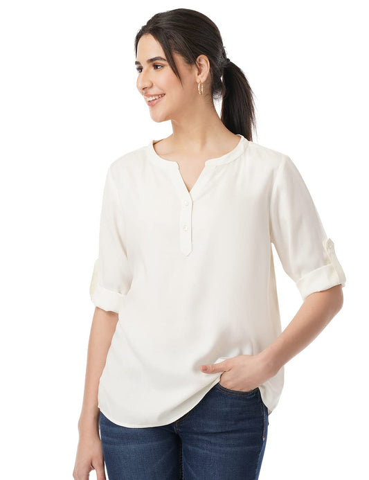 FYLTR Womens Fashion V-Neck Top with Roll-up Sleeves