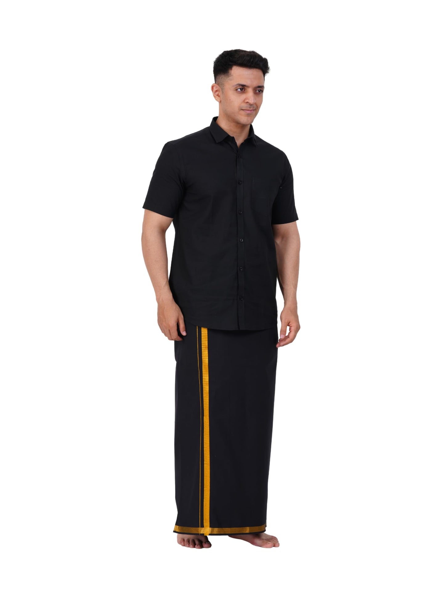 PRAKASAM COTTON Mens Flexi Readymade Black Jari Border Dhoti + Half sleeve Black Shirt for mens