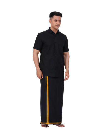 PRAKASAM COTTON Mens Flexi Readymade Black Jari Border Dhoti + Half sleeve Black Shirt for mens