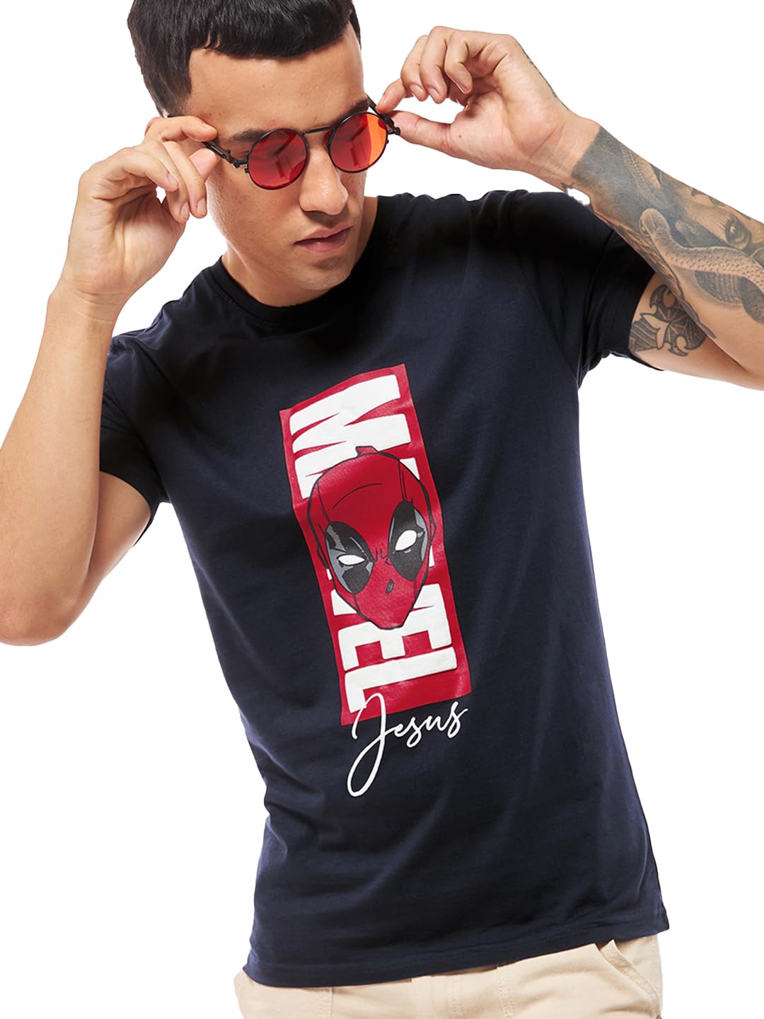 Bewakoof Official Marvel Merchandise Deadpool Mens Graphic Print Regular Fit Half Sleeve Round Neck Cotton Jersey T-Shirt_64486