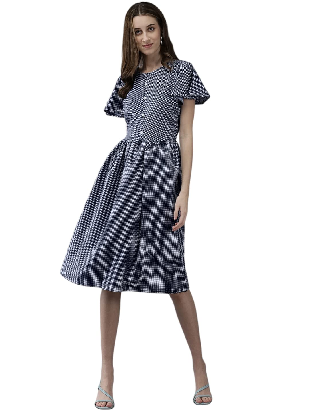 Aarika Womens Blue Color Polycrep Check Dress (DR-AW-053-BLUE-L)