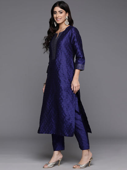 Varanga Women Navy Blue Woven Zari Embroidered Kurta Set With Bottom & Printed Bhagalpuri Dupatta  Round Neck, Zari Work At Plac