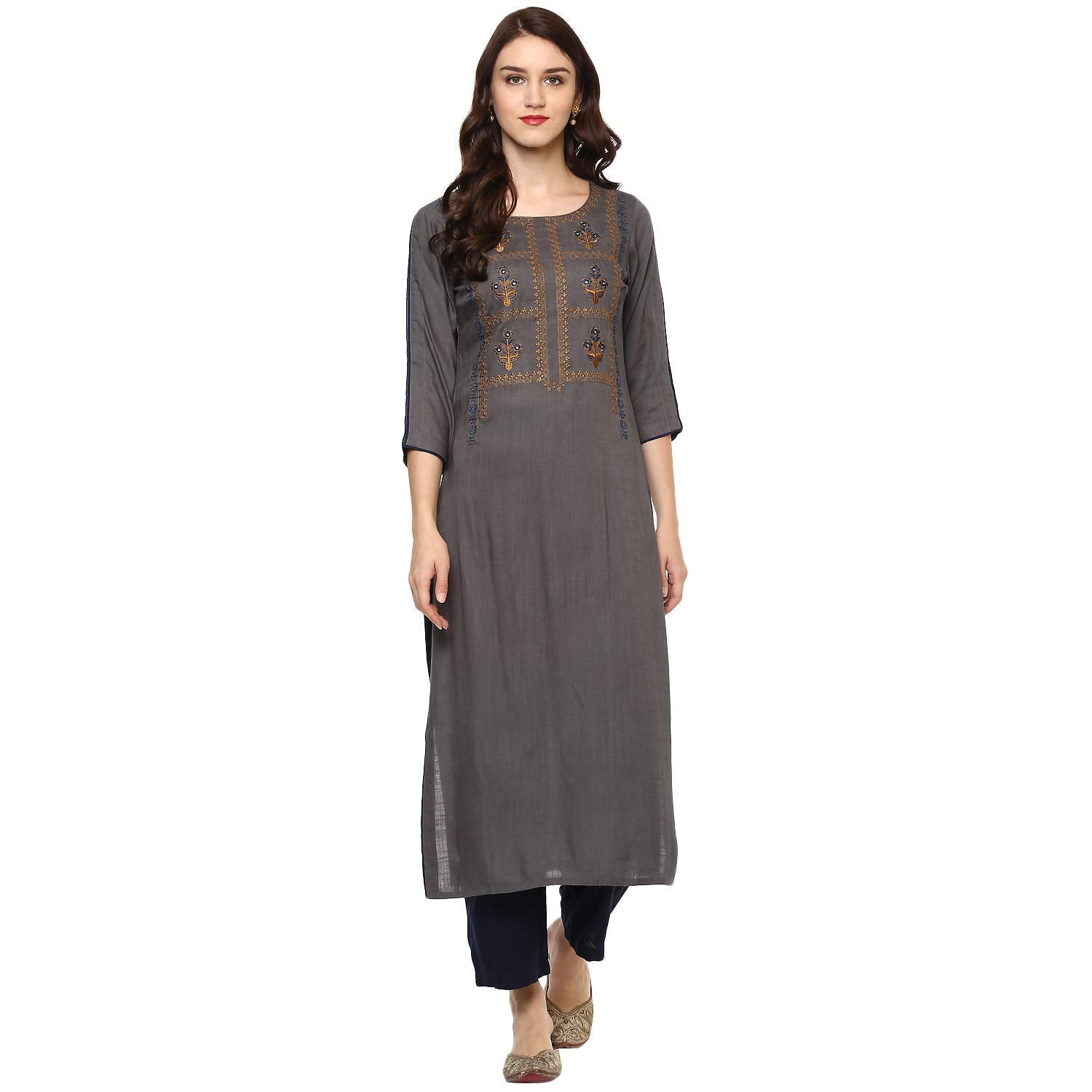 idaLia Embroidered Kurta for Women - Embroidered Kurtas, Rayon, Straight, Round Neck - Embroidered Kurtas