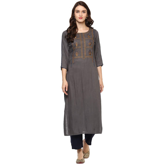 idaLia Embroidered Kurta for Women - Embroidered Kurtas, Rayon, Straight, Round Neck - Embroidered Kurtas