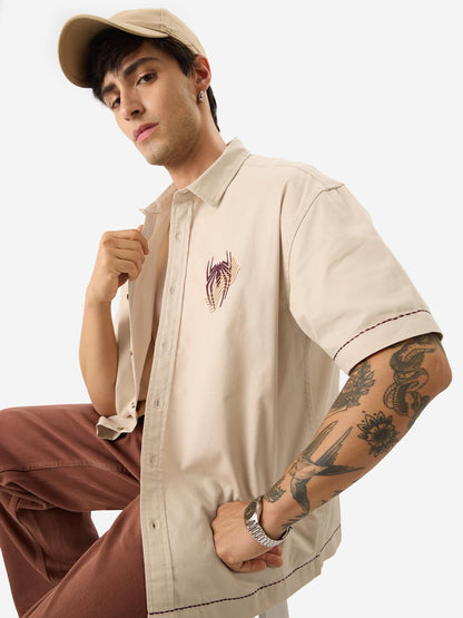 The Souled Store Official Spider-Man: Friendly Neighbourhood Hero Men and Boys Short Sleeve Collared Neck Button Front Beige Gra