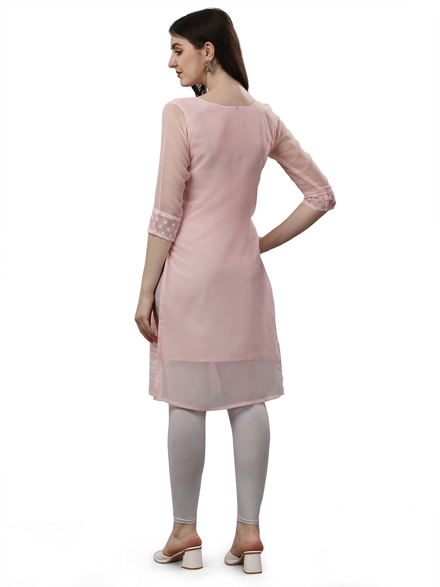 Fashion2Wear WomenS Georgette Chikankari Embroidered Notched Neck 3/4 Sleeve Knee Length Straight Kurta For Girls (Biba_Kurti_P