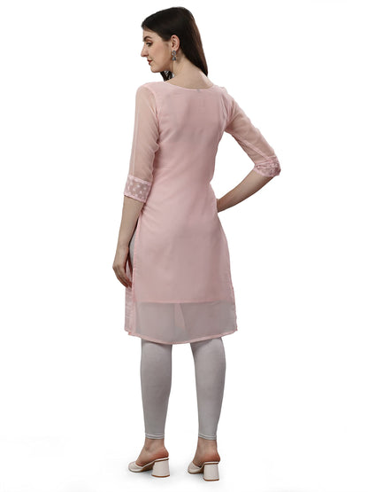 Fashion2Wear WomenS Georgette Chikankari Embroidered Notched Neck 3/4 Sleeve Knee Length Straight Kurta For Girls (Biba_Kurti_P