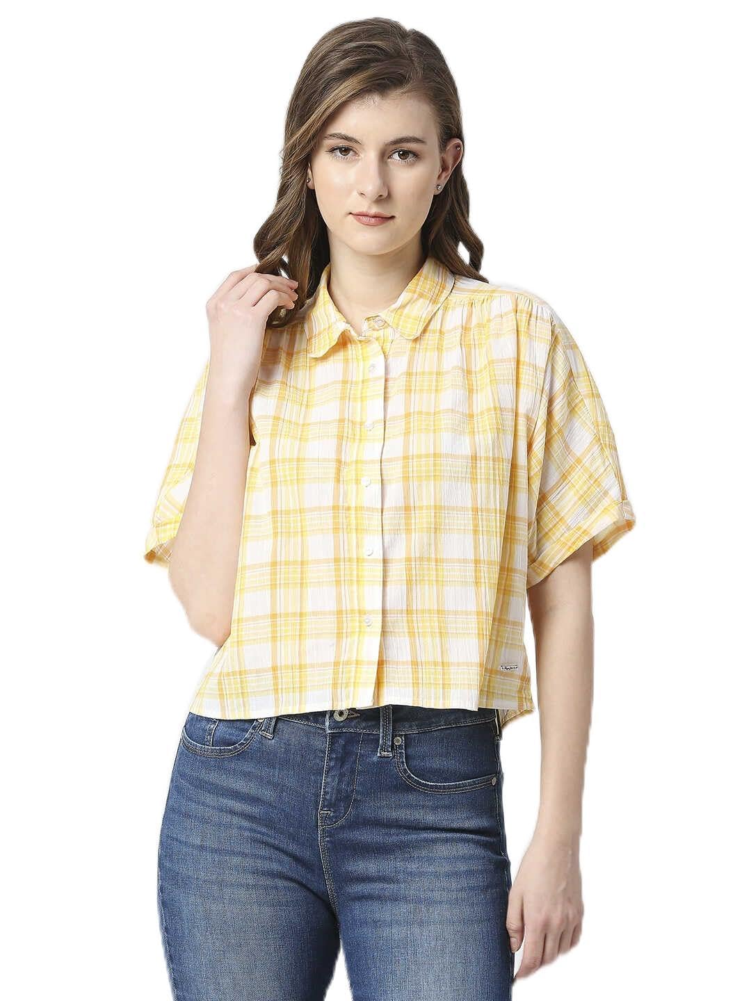 Pepe Jeans Checks Cotton Round Neck WomenS Shirt (Blue, Large)