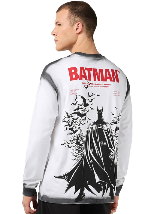 Bewakoof Official Dc Merchandise Batman Mens Graphic Print Oversized Fit Full Sleeve Round Neck Cotton T-Shirt_685362_White_M