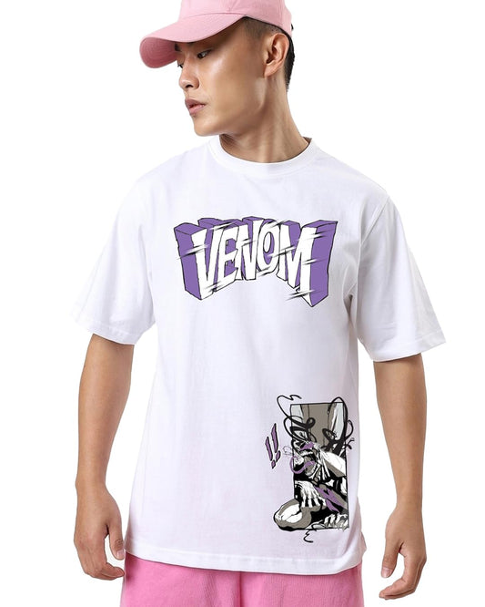 Bewakoof Official Marvel Merchandise Venom Men Graphic Print Oversized Fit Half Sleeve Round Neck Cotton T-Shirt_659828_White_2X