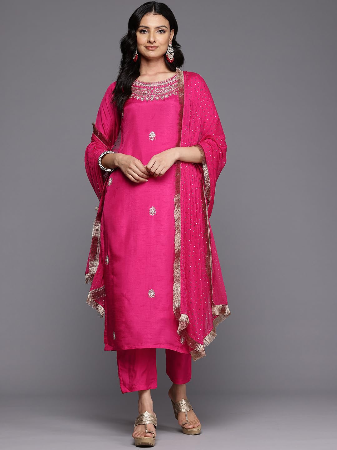 Varanga Women Pink Pure Silk Zardosi Embroidered Kurta Set With Dupatta