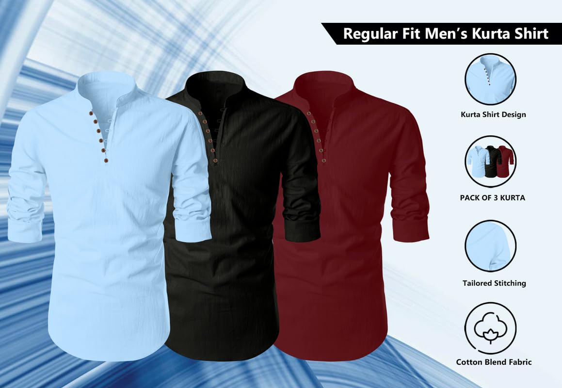 Finivo Fashion MenS Cotton Blend Regular Fit Solid Casual Kurta Shirt Pack Of 3