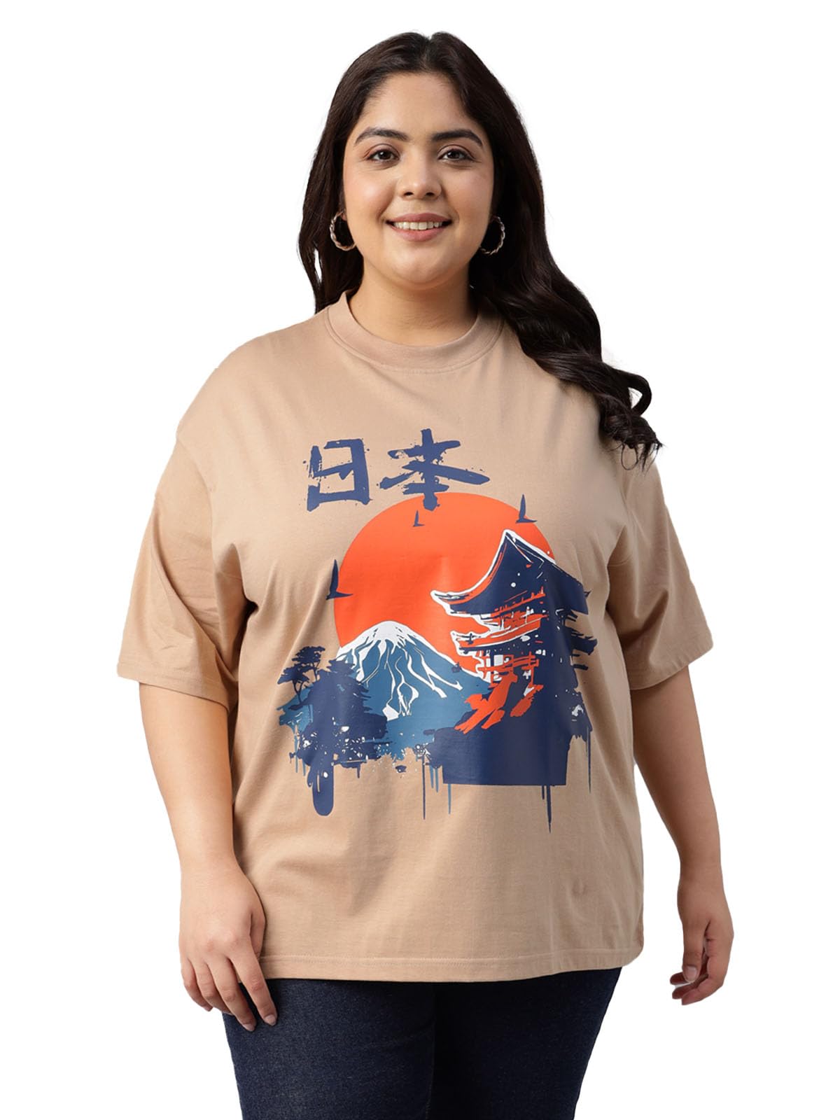 Juneberry 100% Pure Cotton Oversized Baggy Fit Cool Front Chest Graphic Printed Half Sleeve Plus Size T-Shirt For Women & Girls