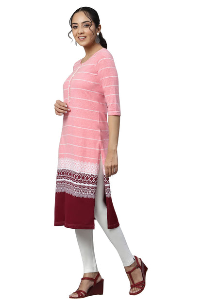 Aurelia Women Peach Cotton Blend Geometric Jacquard Straight Kurta