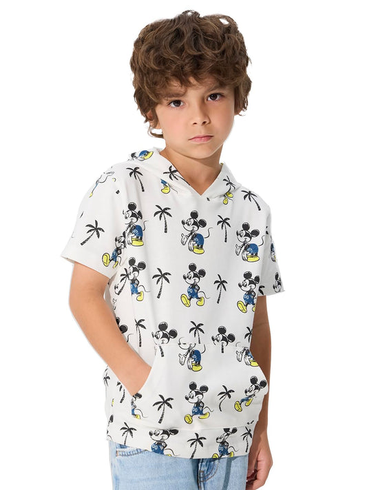 The Souled Store Official Mickey Mouse : Beach Vibes Boys Graphic Printed Hooded Cotton Tshirt White