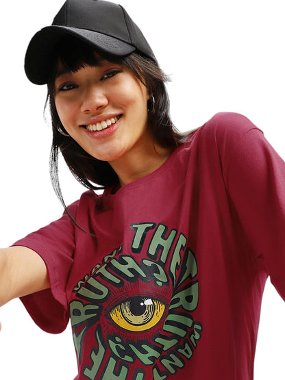 Juneberry Oversized Loose Baggy Fit Drop Shooulder Half Sleeves Pure Cotton Want The Truth Magenta Graphic Printed Cool Boyfrien