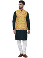 SOJANYA (Since 1958 Men's Pure Cotton Brown Kurta and White Pyjama with Printed Mustard Nehru Jacket